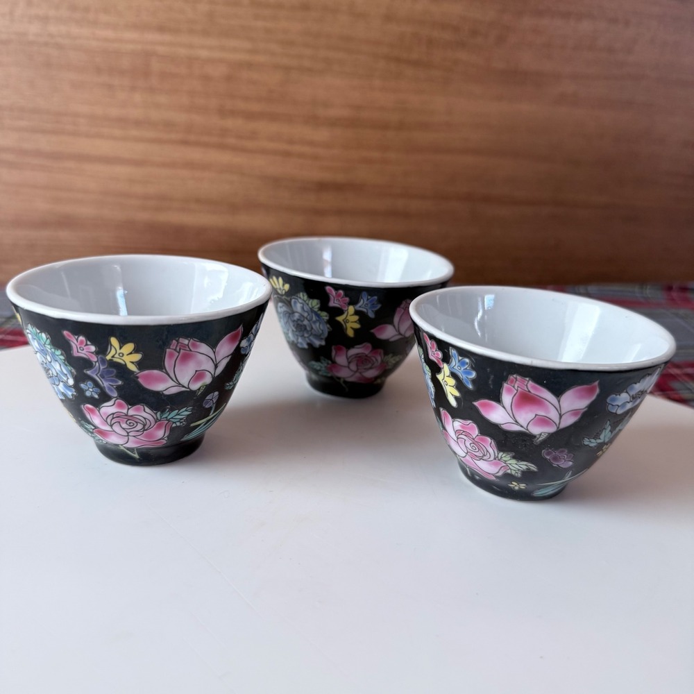 Jingdezhen Famille Noire Tea Cups - Set of 3 Hand-Painted Black Porcelain Floral